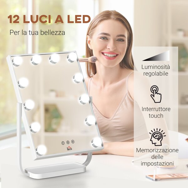 HOMCOM Specchio per Trucco Illuminato Stile Hollywood Inclinabile, Specchio da Tavolo con 12 Luci LED Luminosità Regolabile, Bianco|Aosom