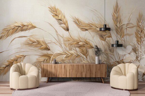 Carta da parati Campo di grano con spighe beige che ondeggiano al vento, colori tenui e smorzati che, Carta da parati Natura, w09264 : Uwalls.it