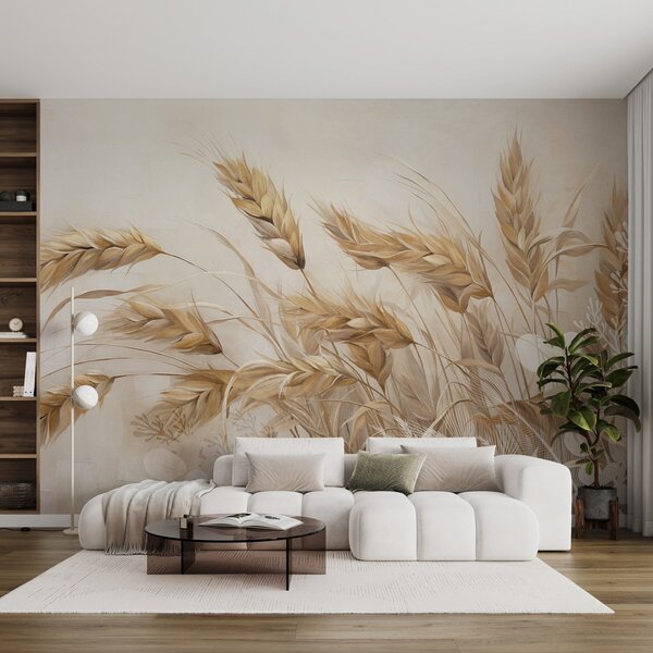 Carta da parati Campo di grano con spighe beige che ondeggiano al vento, colori tenui e smorzati che, Carta da parati Natura, w09264 : Uwalls.it