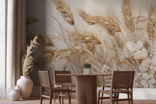 Carta da parati Campo di grano con spighe beige che ondeggiano al vento, colori tenui e smorzati che, Carta da parati Natura, w09264 : Uwalls.it