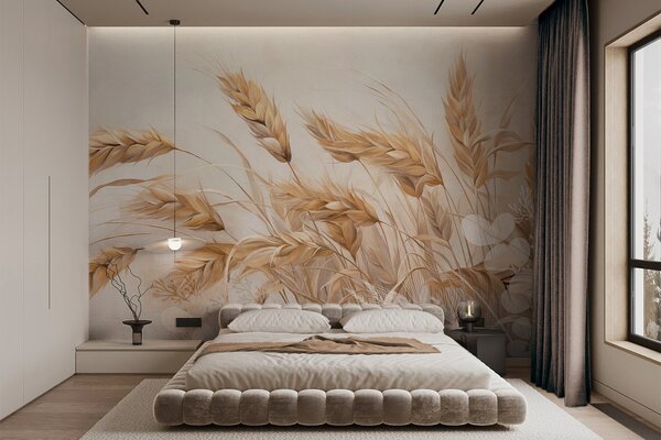 Carta da parati Campo di grano con spighe beige che ondeggiano al vento, colori tenui e smorzati che, Carta da parati Natura, w09264 : Uwalls.it