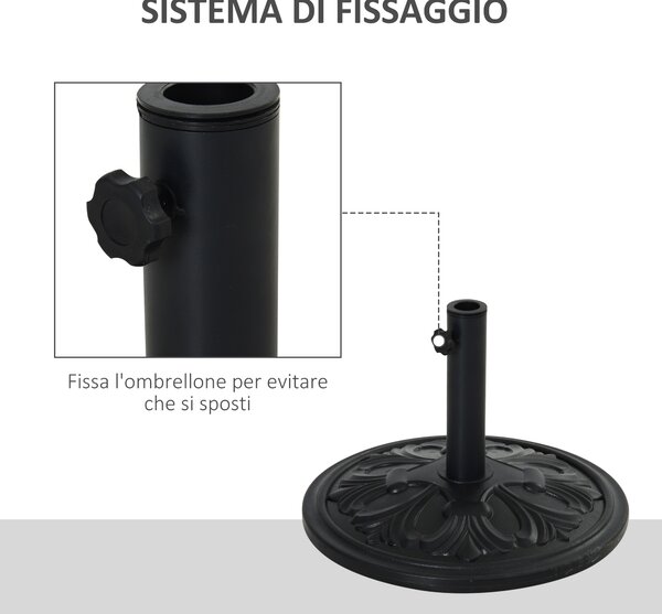 Outsunny Base per Ombrellone Rotonda in Plastica Nero, con Disegno Floreale, 13kg, Supporto per Pali da 35-38-48mm|Aosom