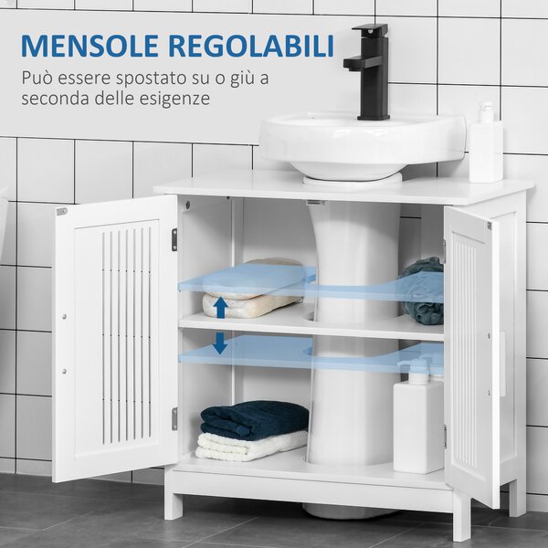 Kleankin Mobiletto Sottolavabo per Bagno a 2 Ante, Armadietto Salvaspazio Lavandino in Legno con Ripiani Regolabili Bianco|Aosom