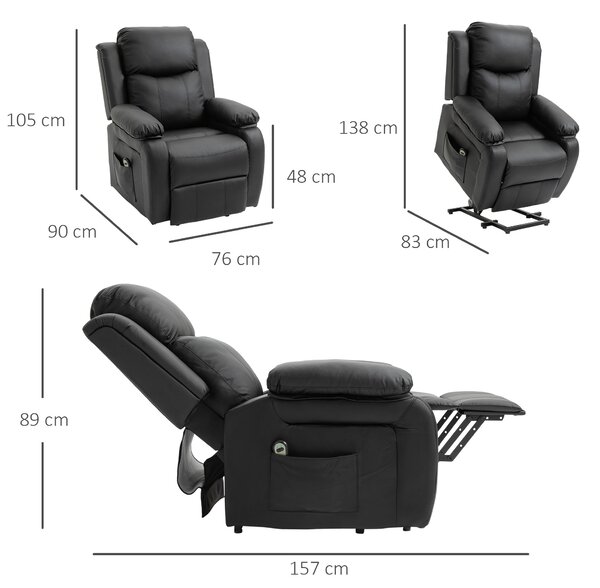 HOMCOM Poltrona Alzapersona con Telecomando, Poltrona Relax Reclinabile 160° e Poggiapiedi in Similpelle, 76x90x105cm, Nero|Aosom Italy