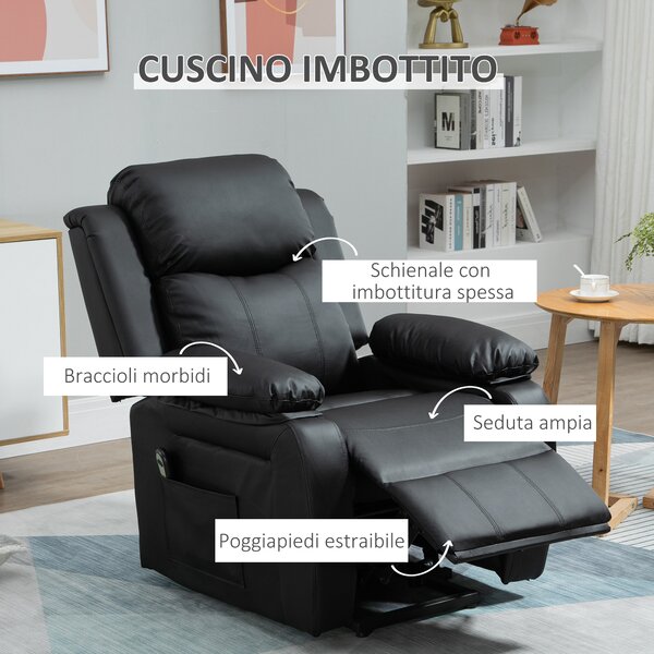 HOMCOM Poltrona Alzapersona con Telecomando, Poltrona Relax Reclinabile 160° e Poggiapiedi in Similpelle, 76x90x105cm, Nero|Aosom Italy