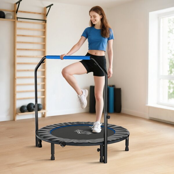 HOMCOM Trampolino da Fitness per Adulti Ø122 cm, Pieghevole, con Manubrio Regolabile a 4 Livelli, Nero e Blu | Aosom Italy