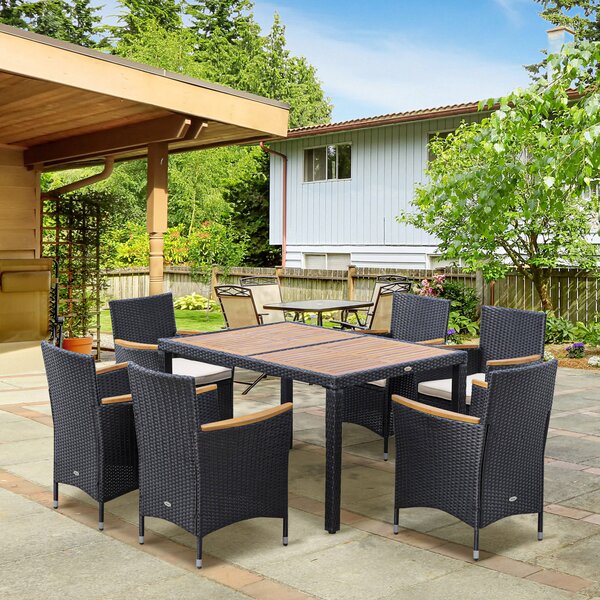 Outsunny Set Tavolo e Sedie da Giardino 7 Pezzi in PE Rattan e Legno, Mobili da Esterni con Cuscini Morbidi, Nero|Aosom