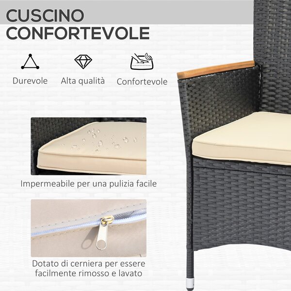 Outsunny Set Tavolo e Sedie da Giardino 7 Pezzi in PE Rattan e Legno, Mobili da Esterni con Cuscini Morbidi, Nero|Aosom