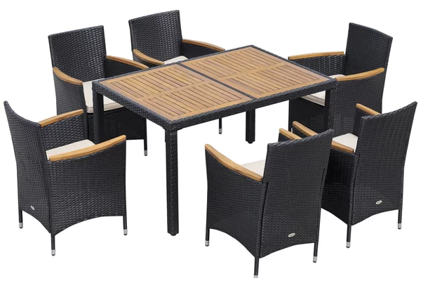 Outsunny Set Tavolo e Sedie da Giardino 7 Pezzi in PE Rattan e Legno, Mobili da Esterni con Cuscini Morbidi, Nero|Aosom