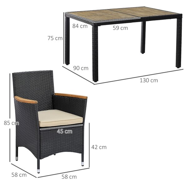Outsunny Set Tavolo e Sedie da Giardino 7 Pezzi in PE Rattan e Legno, Mobili da Esterni con Cuscini Morbidi, Nero|Aosom