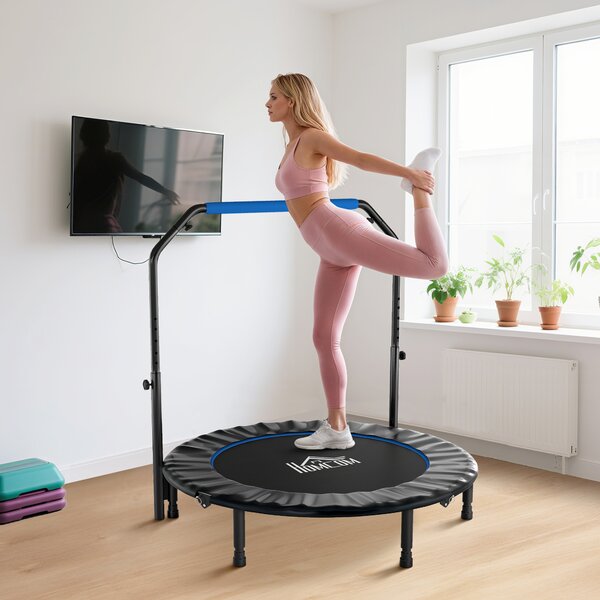 HOMCOM Trampolino da Fitness per Adulti Ø122 cm, Pieghevole, con Manubrio Regolabile a 4 Livelli, Nero e Blu | Aosom Italy