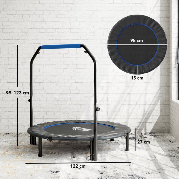 HOMCOM Trampolino da Fitness per Adulti Ø122 cm, Pieghevole, con Manubrio Regolabile a 4 Livelli, Nero e Blu | Aosom Italy