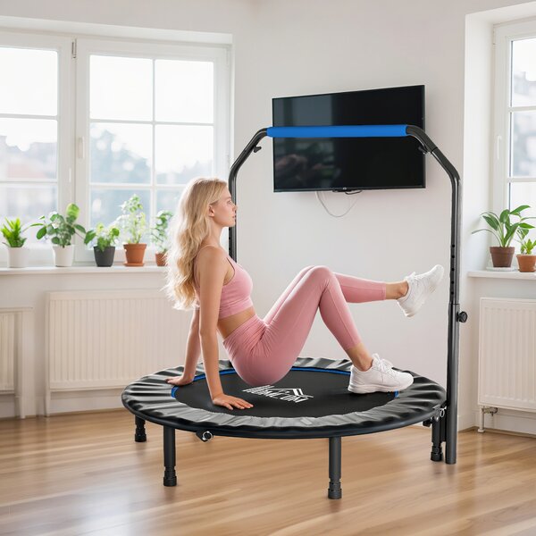 HOMCOM Trampolino da Fitness per Adulti Ø122 cm, Pieghevole, con Manubrio Regolabile a 4 Livelli, Nero e Blu | Aosom Italy