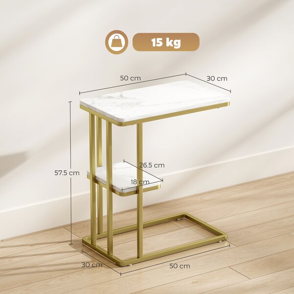 HOMCOM Tavolino Struttura a C Stretto con Mensola Comodino Moderno 50x30x57,5 cm Bianco Effetto Marmo | Aosom Italy