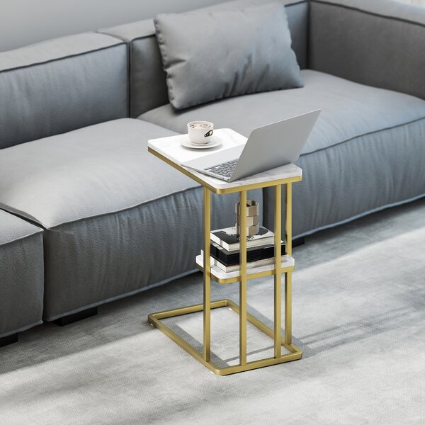 HOMCOM Tavolino Struttura a C Stretto con Mensola Comodino Moderno 50x30x57,5 cm Bianco Effetto Marmo | Aosom Italy