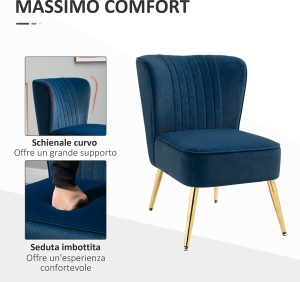 HOMCOM Poltrona Moderna in Stile Scandinavo per Soggiorno, Poltroncina Imbottita e Rivestita in Tessuto Vellutato, 56x65.5x82.5cm, Blu|Aosom