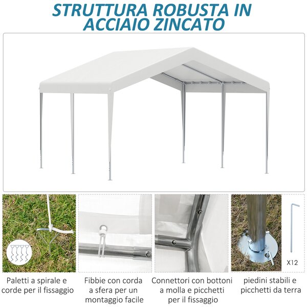 Outsunny Garage Portatile 4x4m con Tettoia per Macchine e Barche, Matrimoni, Feste, Gazebo da Giardino in Acciaio Zincato, Bianco