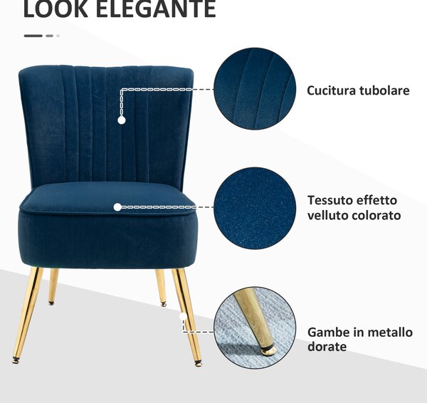 HOMCOM Poltrona Moderna in Stile Scandinavo per Soggiorno, Poltroncina Imbottita e Rivestita in Tessuto Vellutato, 56x65.5x82.5cm, Blu|Aosom