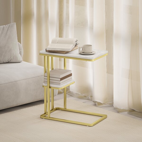 HOMCOM Tavolino Struttura a C Stretto con Mensola Comodino Moderno 50x30x57,5 cm Bianco Effetto Marmo | Aosom Italy