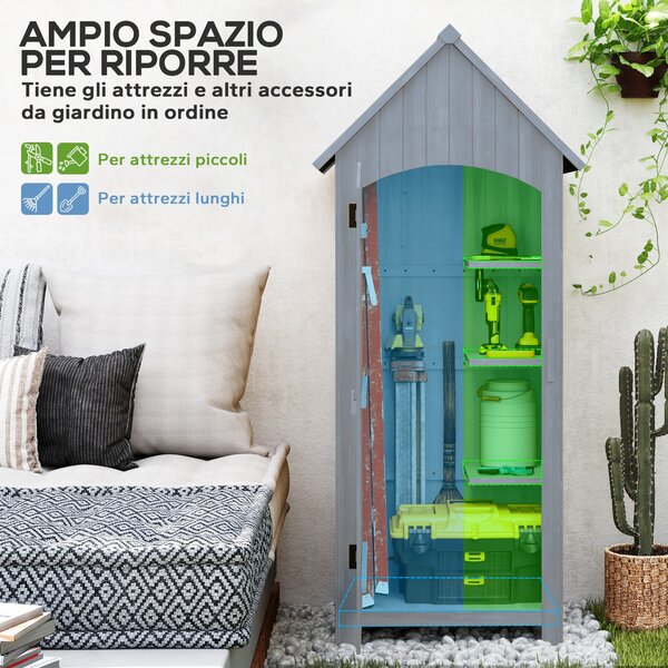 Outsunny Casetta Porta Attrezzi in Legno a 3 Mensole con Tetto Impermeabile in Bitume, 77.5x54.2x179.5 cm, Grigio | Aosom Italy