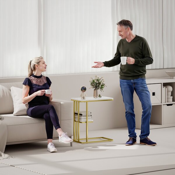 HOMCOM Tavolino Struttura a C Stretto con Mensola Comodino Moderno 50x30x57,5 cm Bianco Effetto Marmo | Aosom Italy