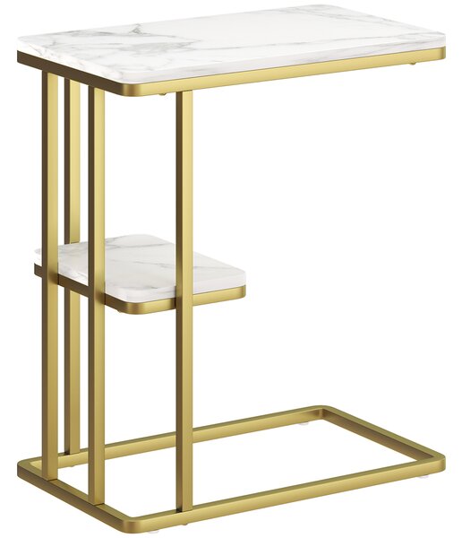 HOMCOM Tavolino Struttura a C Stretto con Mensola Comodino Moderno 50x30x57,5 cm Bianco Effetto Marmo | Aosom Italy