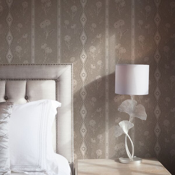 Carta da parati Strisce con margherite e pizzo su sfondo grigio-beige, Parati fiori e piante classici, a00295 : Uwalls.it