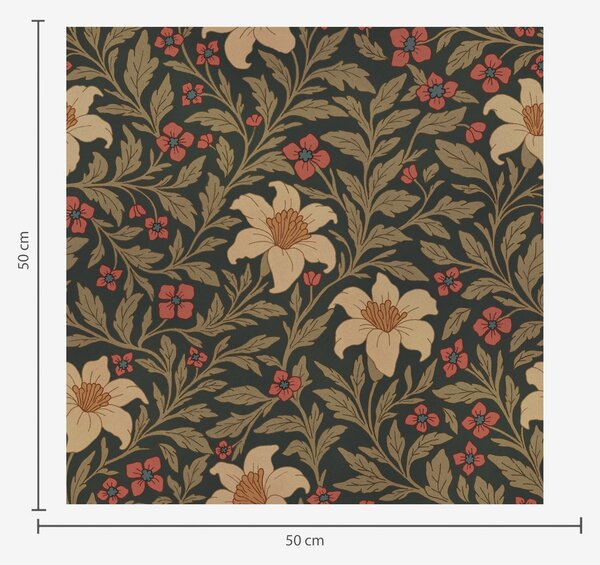 Carta da parati Sfondo scuro con fiori gialli e rossi in stile Art Nouveau, Parati fiori e piante classici, a00293 : Uwalls.it