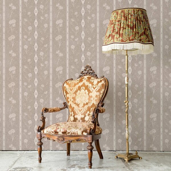 Carta da parati Strisce con margherite e pizzo su sfondo grigio-beige, Parati fiori e piante classici, a00295 : Uwalls.it