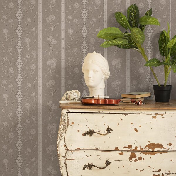 Carta da parati Strisce con margherite e pizzo su sfondo grigio-beige, Parati fiori e piante classici, a00295 : Uwalls.it