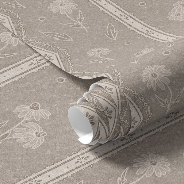 Carta da parati Strisce con margherite e pizzo su sfondo grigio-beige, Parati fiori e piante classici, a00295 : Uwalls.it