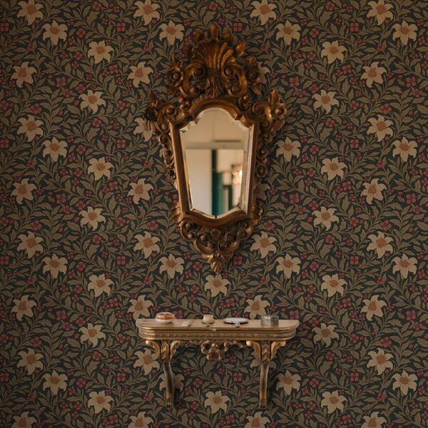 Carta da parati Sfondo scuro con fiori gialli e rossi in stile Art Nouveau, Parati fiori e piante classici, a00293 : Uwalls.it