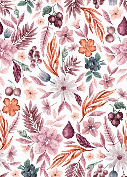 Carta da parati Bacche, fiori e foglie luminose in stile acquerello, Parati fiori e piante classici, a00298 : Uwalls.it