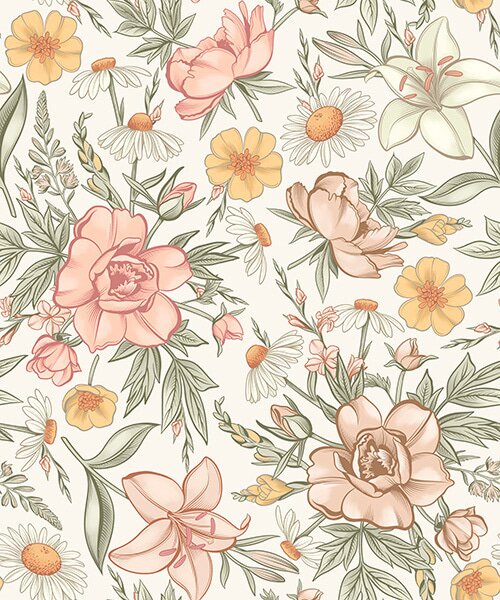 Carta da parati Margherite, peonie, gigli e foglie dai colori delicati, Parati fiori e piante classici, a00299 : Uwalls.it