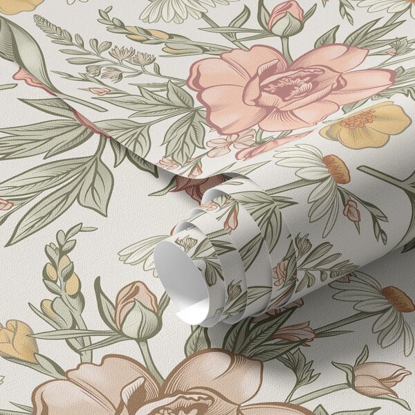 Carta da parati Margherite, peonie, gigli e foglie dai colori delicati, Parati fiori e piante classici, a00299 : Uwalls.it