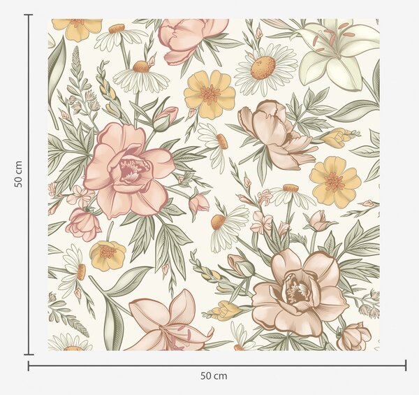 Carta da parati Margherite, peonie, gigli e foglie dai colori delicati, Parati fiori e piante classici, a00299 : Uwalls.it