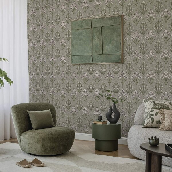 Carta da parati Motivo simmetrico con fiori bianchi su sfondo grigio, Parati fiori e piante classici, a00302 : Uwalls.it