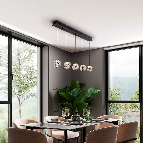 Schuller Valencia Lampada LED a sospensione Zaria, 5 luci, nera, trasparente, metallo, acrilico dimmerabile, Nero, Soggiorno / Sala da pranzo, Plastica