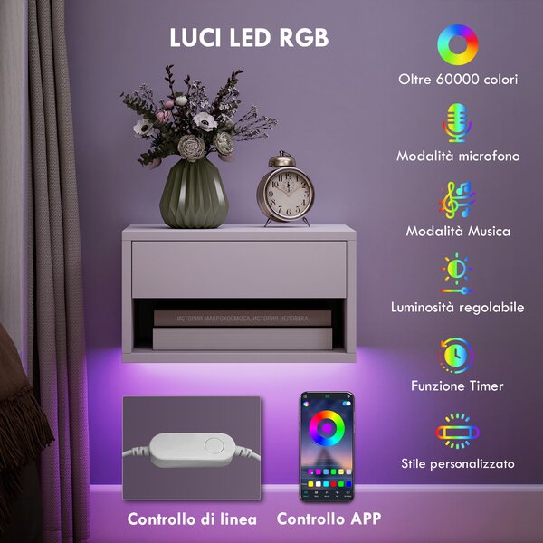 HOMCOM Set 2 Comodini Sospesi con LED RGB Integrati e Regolabili con APP, Cassetto e Ripiano, 37x32x21 cm, Bianco | Aosom Italy