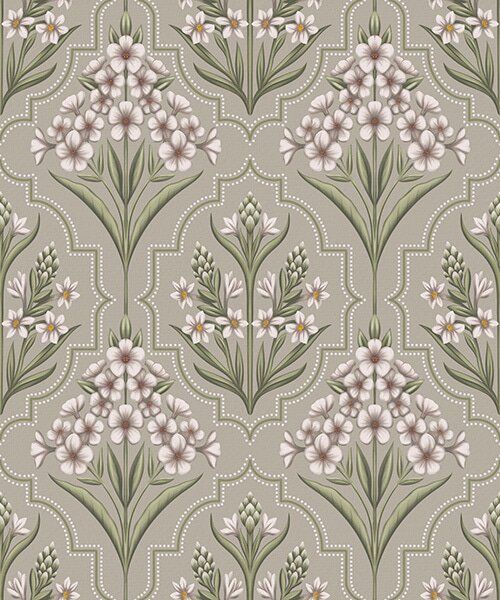 Carta da parati Motivo simmetrico con fiori bianchi su sfondo grigio, Parati fiori e piante classici, a00302 : Uwalls.it