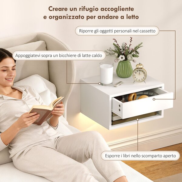 HOMCOM Set 2 Comodini Sospesi con LED RGB Integrati e Regolabili con APP, Cassetto e Ripiano, 37x32x21 cm, Bianco | Aosom Italy
