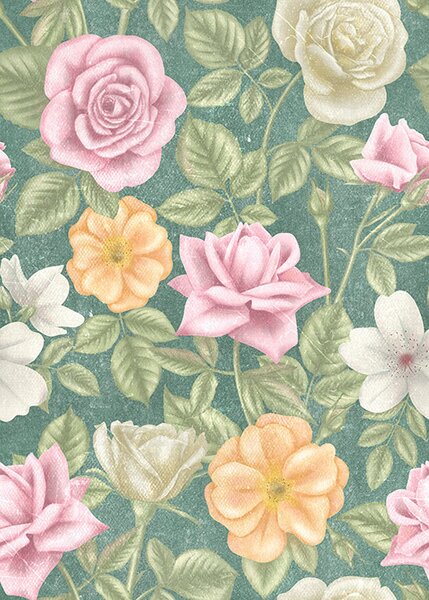 Carta da parati Rose rosa crema e gialle su sfondo verde, Parati fiori e piante classici, a00300 : Uwalls.it
