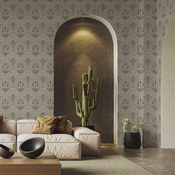 Carta da parati Motivo simmetrico con fiori bianchi su sfondo grigio, Parati fiori e piante classici, a00302 : Uwalls.it