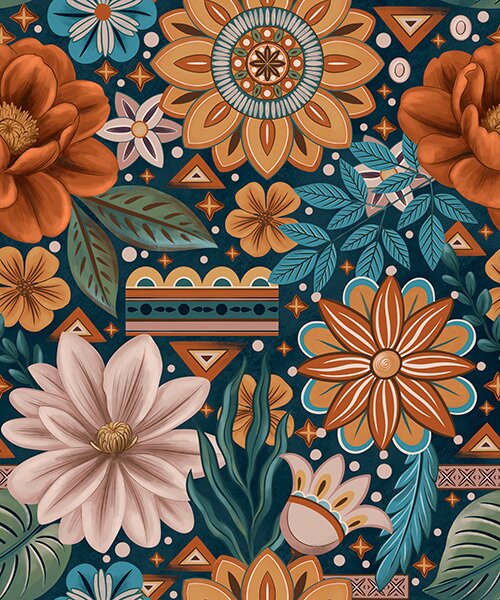 Carta da parati Fiori decorativi luminosi con elementi geometrici, Parati fiori e piante classici, a00305 : Uwalls.it