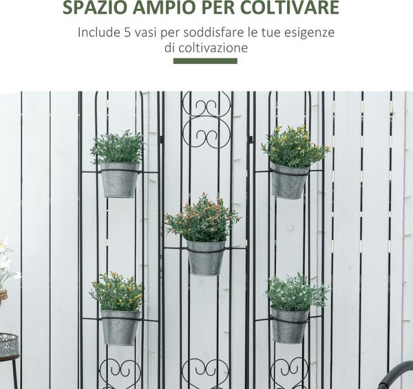 Outsunny Portapiante Verticale Pieghevole con 5 Vasi da Esterno in Metallo, 82x12.5x150cm, Nero|Aosom