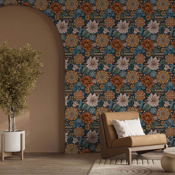 Carta da parati Fiori decorativi luminosi con elementi geometrici, Parati fiori e piante classici, a00305 : Uwalls.it
