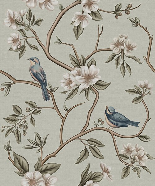 Carta da parati Rami con uccelli e fiori bianchi su uno sfondo delicato, Parati fiori e piante classici, a00303 : Uwalls.it