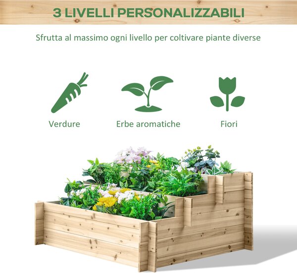 Outsunny Fioriera da Giardino in Legno a 3 Livelli, Letto per Orto Rialzato da Esterno, Fiori, Ortaggi e Piante Aromatiche, 120x100x54cm|Aosom