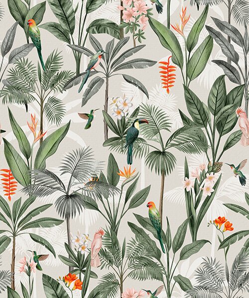 Carta da parati Uccelli tropicali tra le foglie di palma, Parati fiori e piante classici, a00308 : Uwalls.it