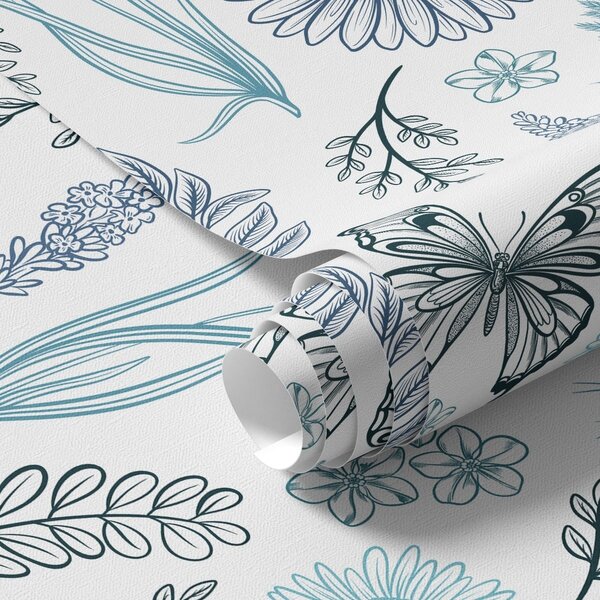 Carta da parati Contorno di farfalle e fiori nei toni del blu e dell'azzurro, Parati fiori e piante classici, a00311 : Uwalls.it